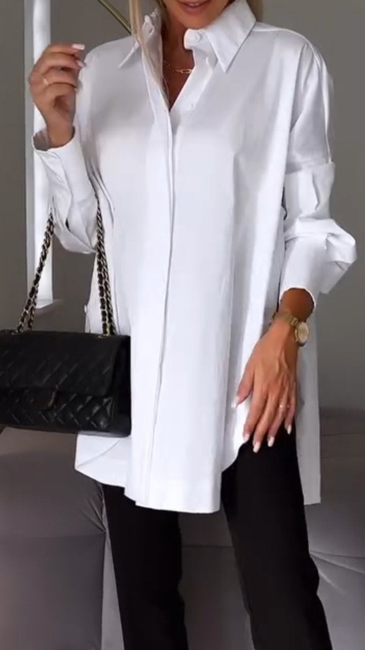 Stylish long sleeve collared blouse for women, featuring an oversized, relaxed fit for ultimate comfort.