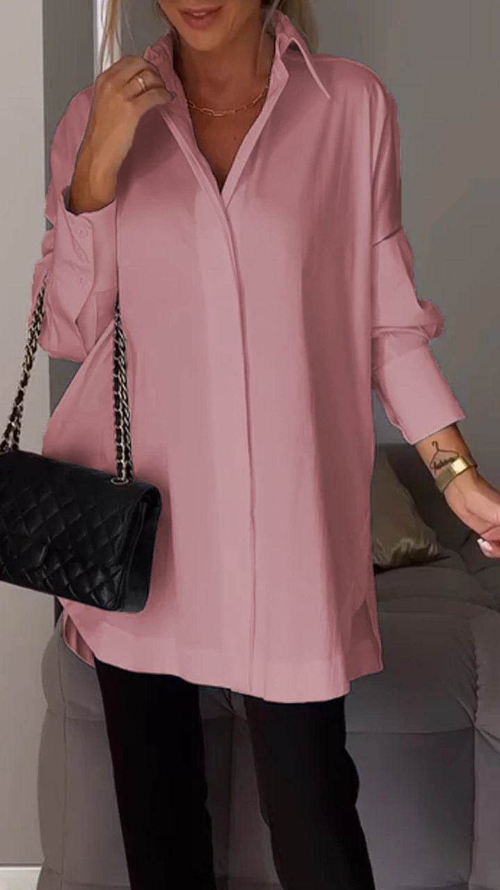 Women's collared oversized blouse, showcasing casual elegance, great for layering or standalone style.