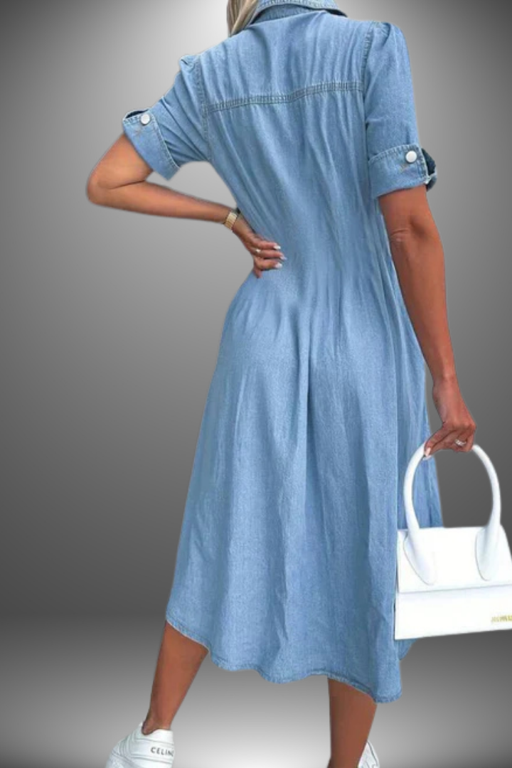 Elegant women's printed midi dress, flowy and comfortable for all-day wear, ideal for casual summer fashion.