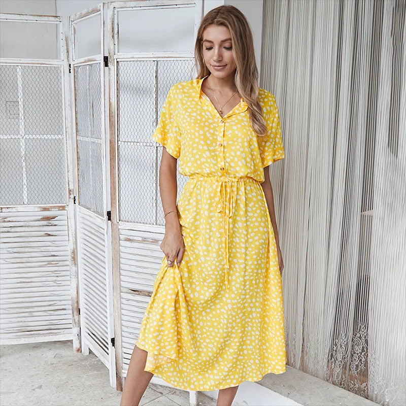 Casual women's printed midi summer dress, flowy and comfortable resort wear, perfect for your next vacation.