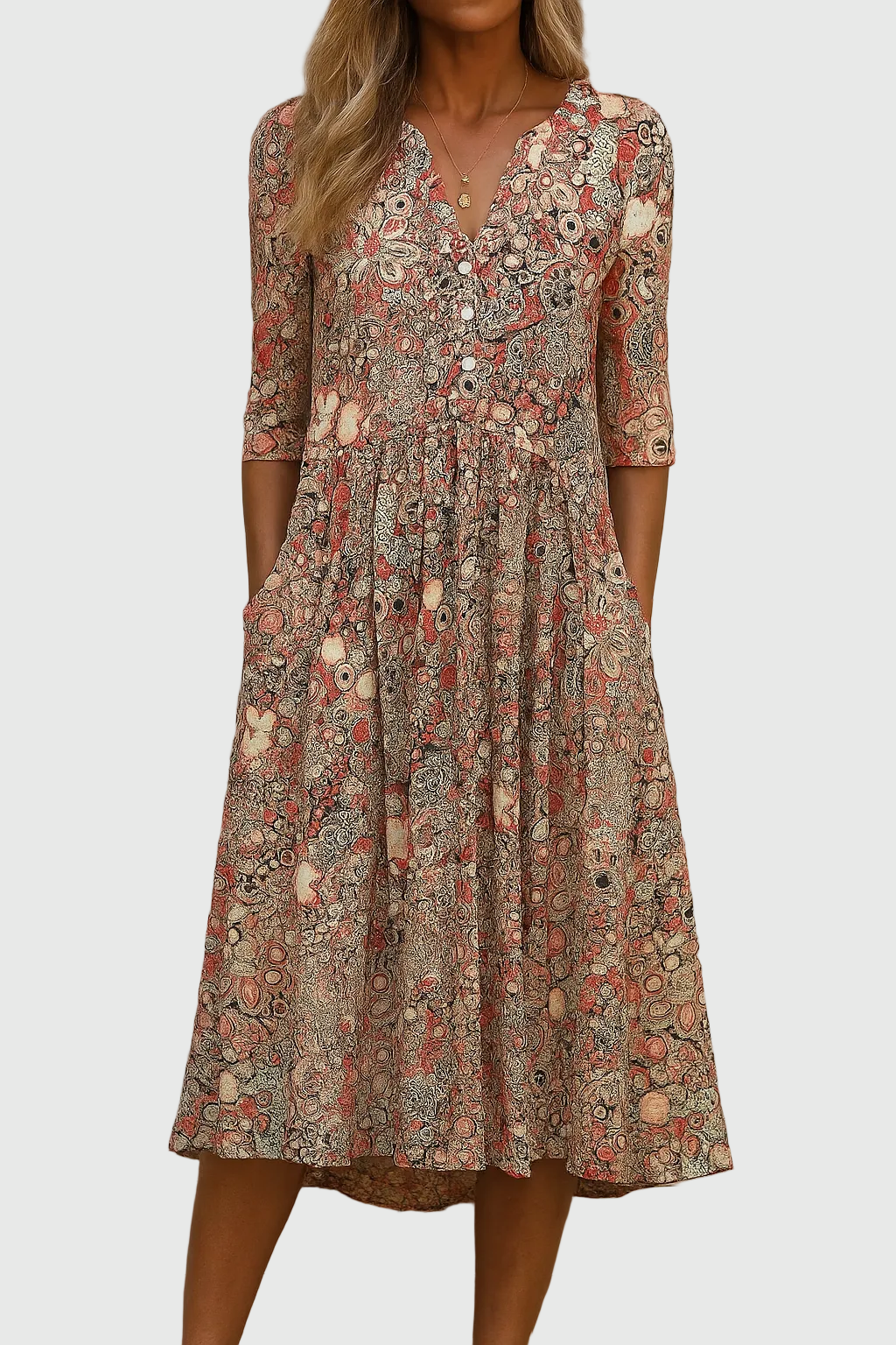 Women's effortless printed V-neck midi dress with three-quarter sleeves, flowy relaxed fit, perfect for summer casual elegance.