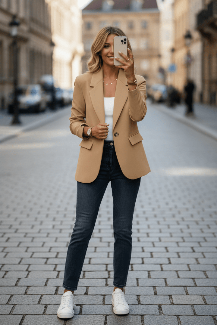 Lightweight women's relaxed blazer jacket, an essential for business casual and versatile fashion.
