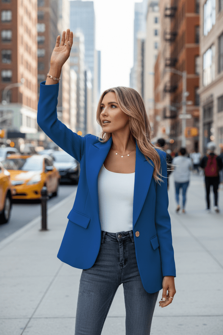 Professional women's tailored blazer jacket, relaxed and comfortable for all-day office wear.