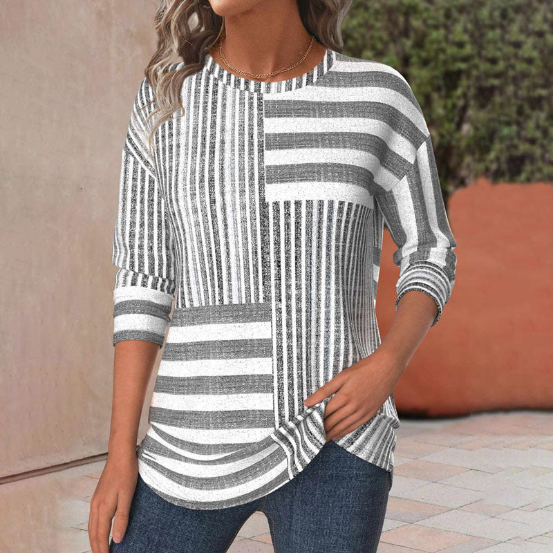Women's effortless striped short-sleeve blouse for casual everyday wear. Comfortable & lightweight summer/spring fashion.