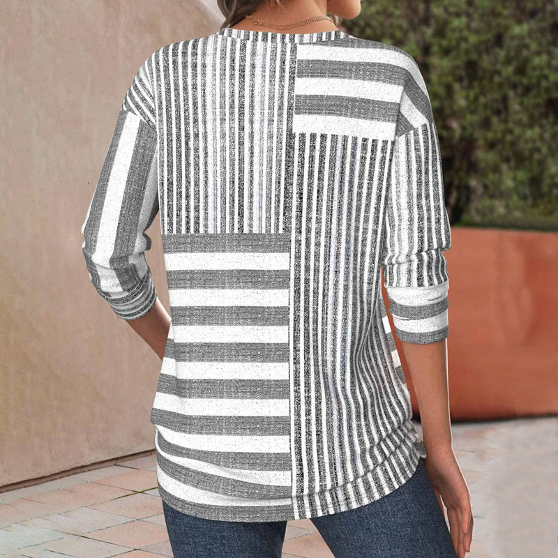 Stylish women's striped short sleeve top, perfect for versatile casual wear. Comfortable everyday spring & summer fashion.