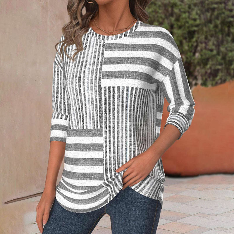 Comfortable women's short-sleeve striped blouse, a lightweight top for effortless casual style and spring/summer fashion.