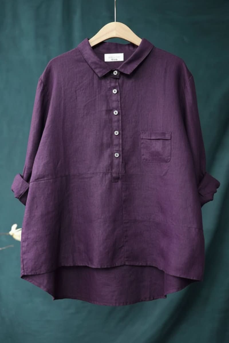 Hip-length women's long sleeve blouse, a comfortable and versatile casual top for everyday fashion.