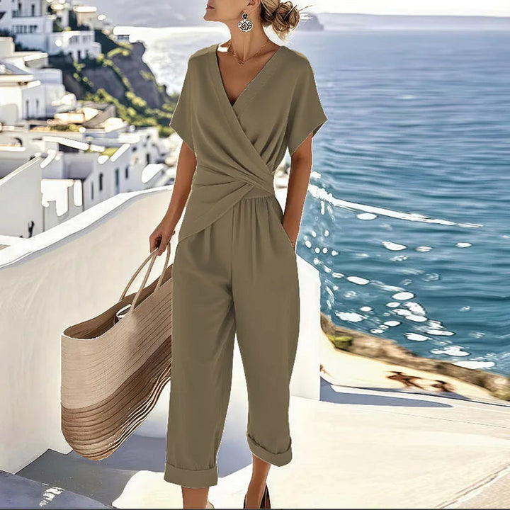 Versatile women's wrap top and cropped pants set, a comfortable and fashionable high-waisted outfit for summer & spring.
