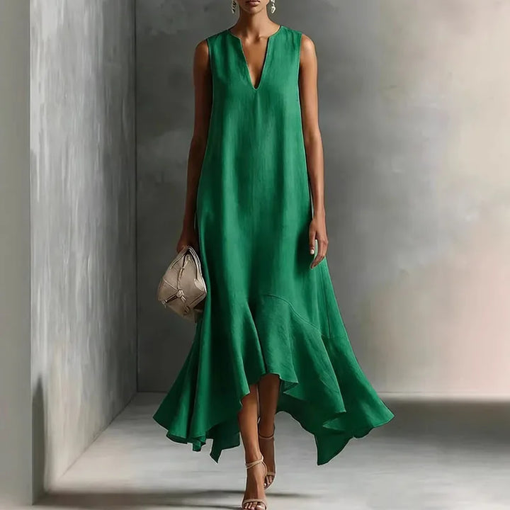 Relaxed fit women's V-neck sundress, features a flowy design, comfortable fabric, and stylish ruffle hem for summer.