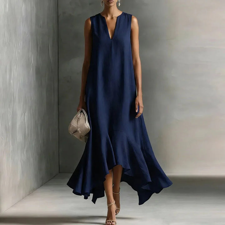 Effortless women's V-neck flowy sundress, sleeveless and comfortable, perfect for summer casual outings.