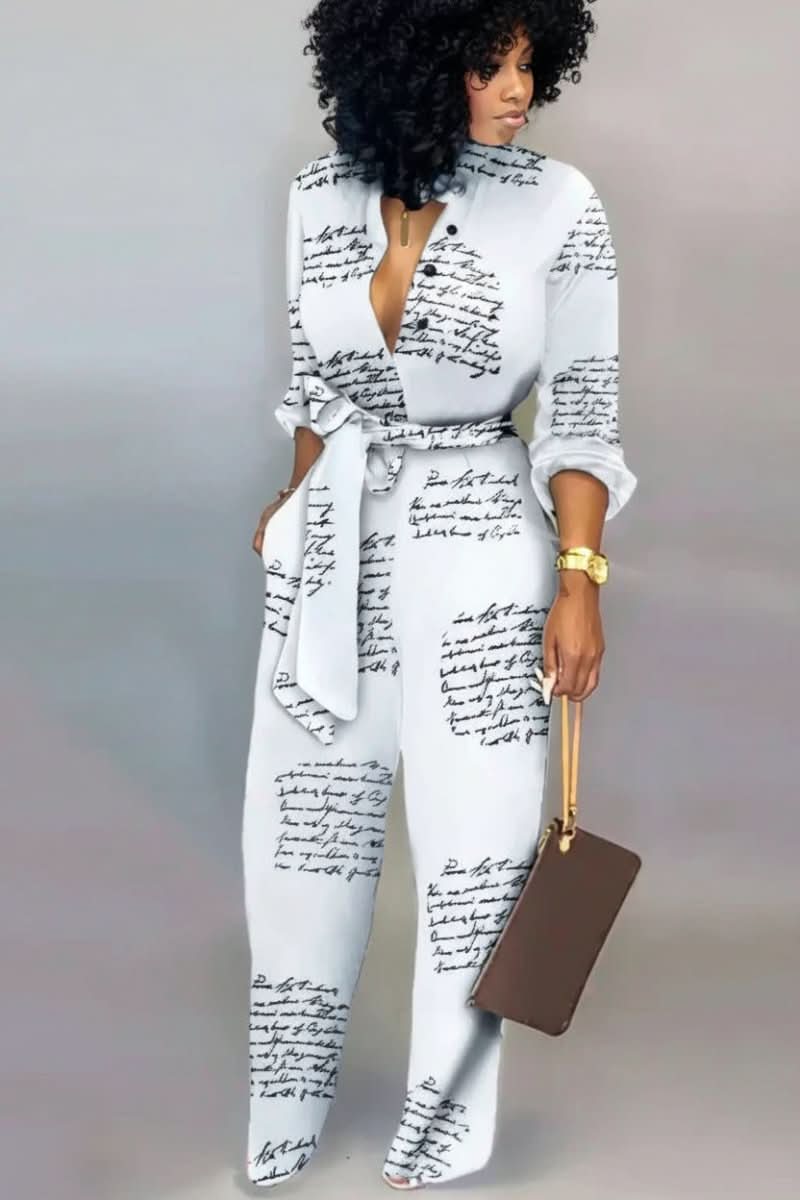 Woman wearing a flattering V-neck jumpsuit with a casual, comfortable fit for easy, chic styling.