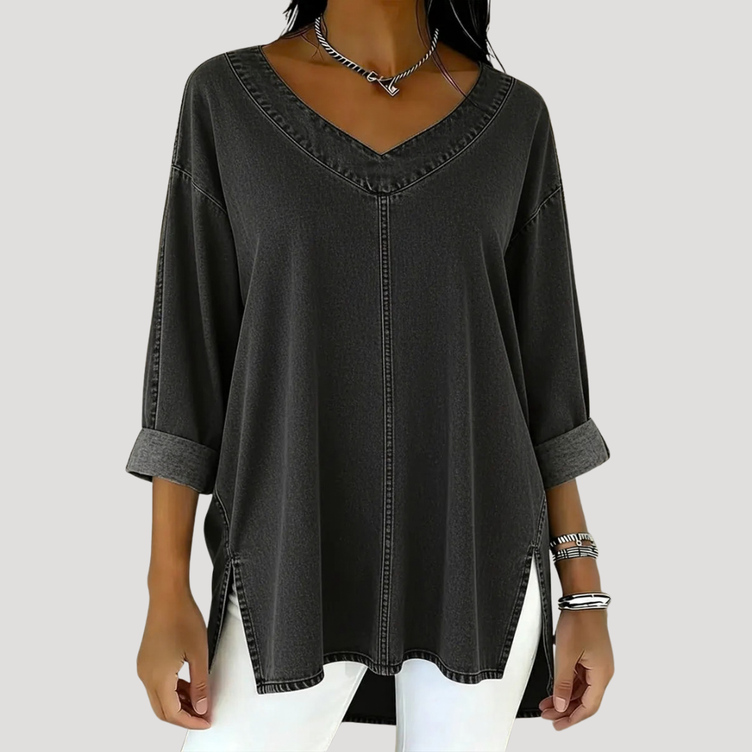Relaxed fit women's v-neck tunic top, elbow sleeves & side slits. Versatile longline top for everyday wear.