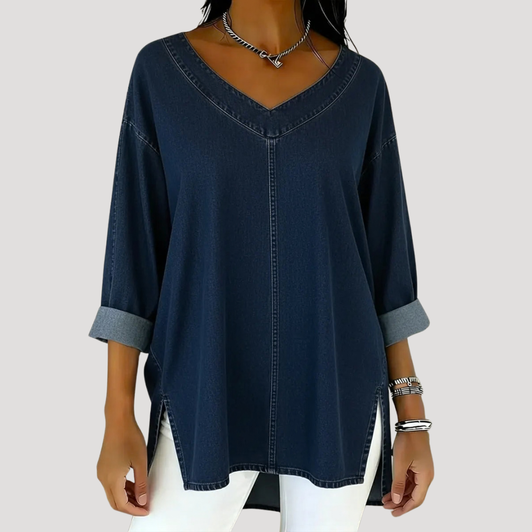 Comfortable women's v-neck tunic top with elbow sleeves, side slits. Perfect casual everyday longline style.