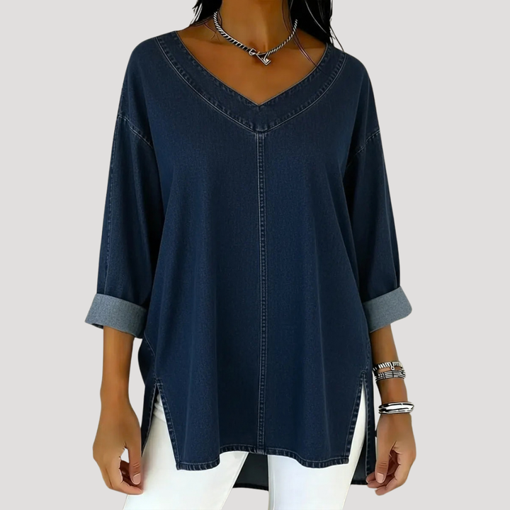Comfortable women's v-neck tunic top with elbow sleeves, side slits. Perfect casual everyday longline style.