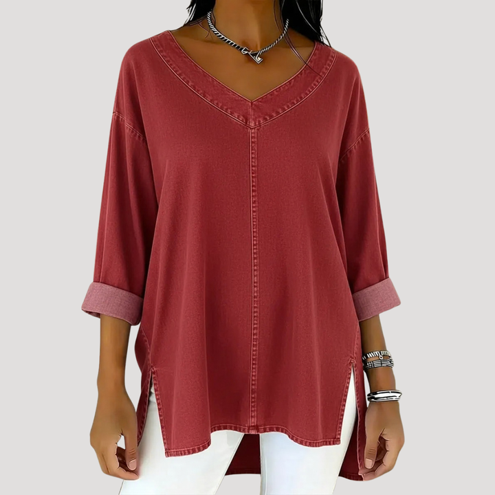 Longline women's v-neck tunic top, elbow sleeves, and side slits. Relaxed & comfortable, perfect for casual styling.