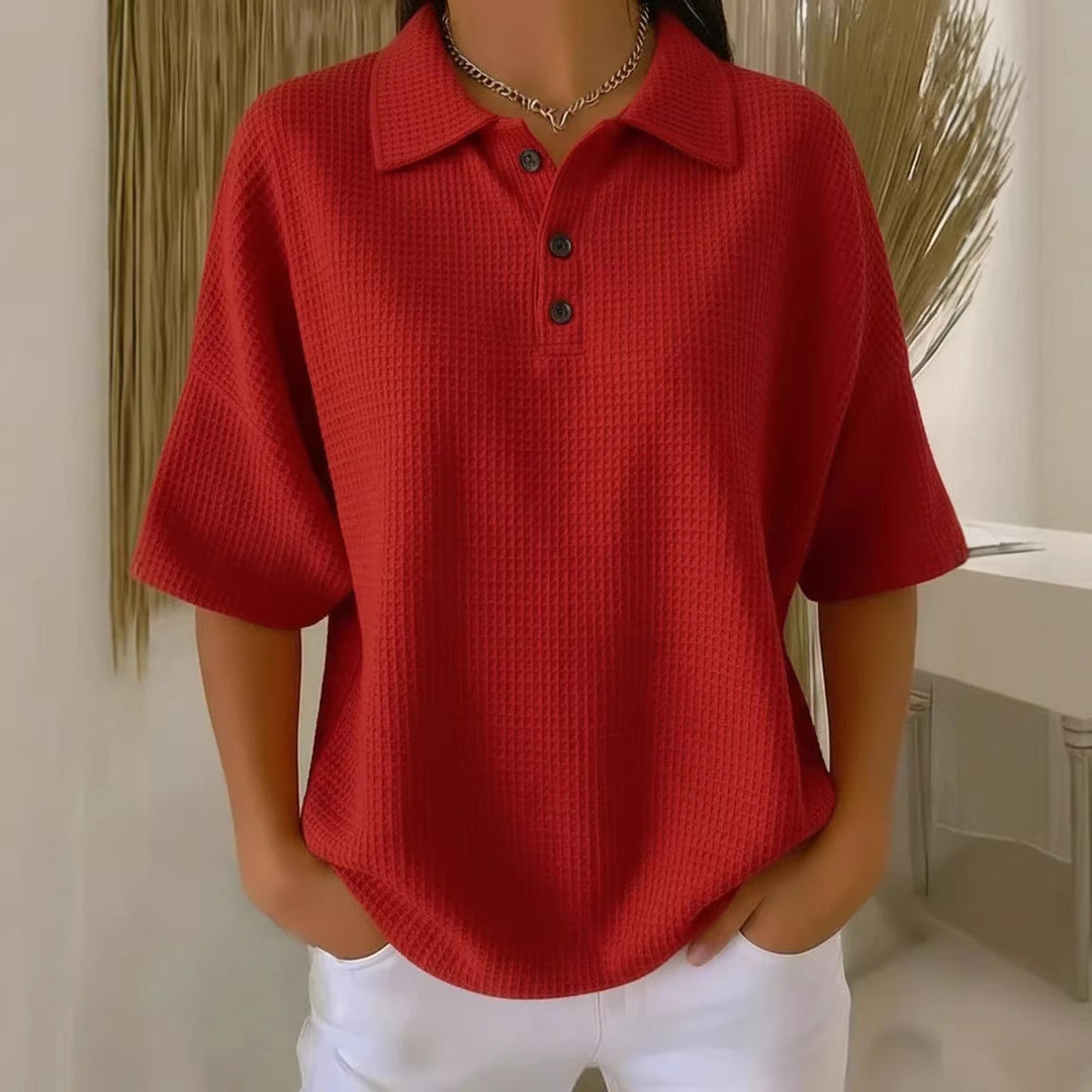 Women's effortless waffle knit polo blouse, short sleeve & loose fit for casual comfort.
