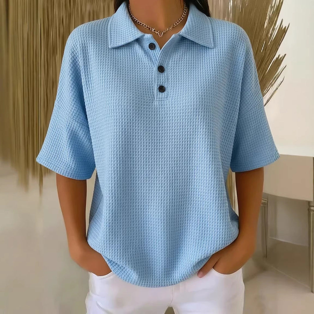 Effortless women's waffle knit polo blouse. Comfortable short sleeve, loose fit for daily wear.