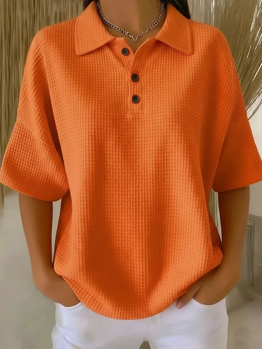 Trendy women's casual waffle knit polo blouse with short sleeves & a comfortable loose fit.