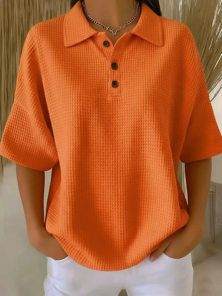 Trendy women's casual waffle knit polo blouse with short sleeves & a comfortable loose fit.
