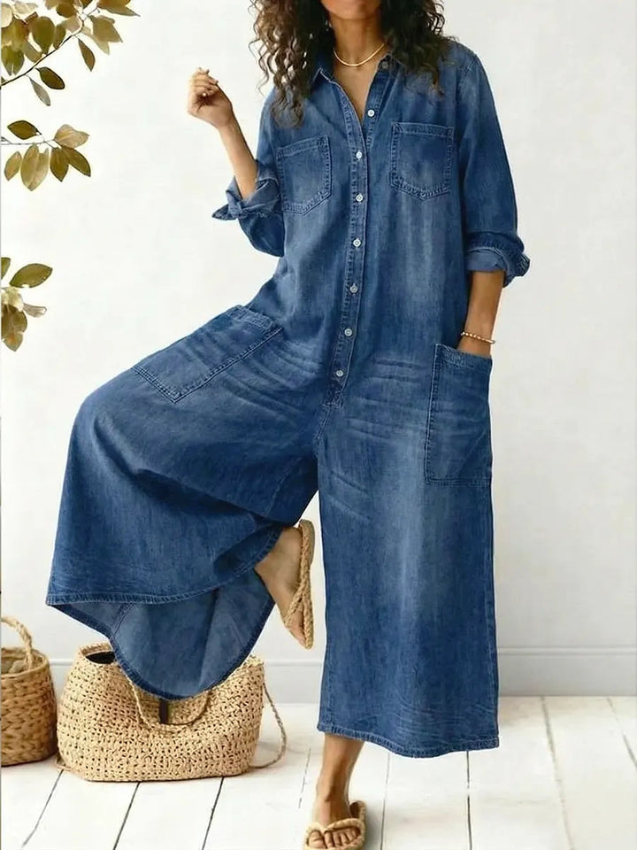Women's effortless wide-leg button-up jumpsuit. Chic, long-sleeve, relaxed fit for casual wear, summer, or travel.