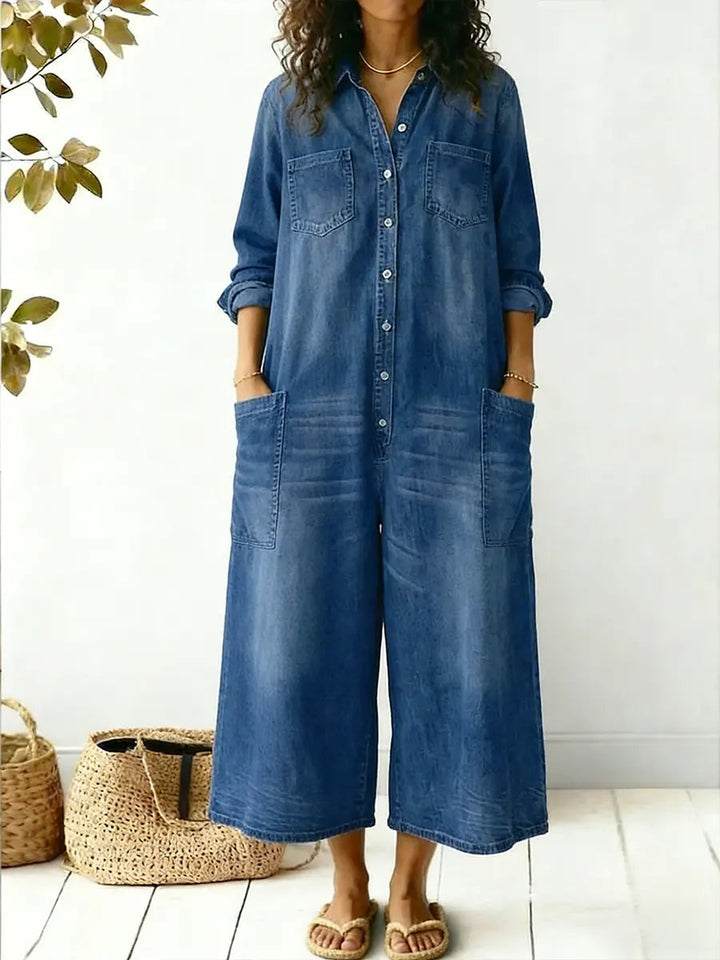 Versatile women's wide-leg button-up jumpsuit. A comfortable, chic one-piece for everyday fashion & travel style.