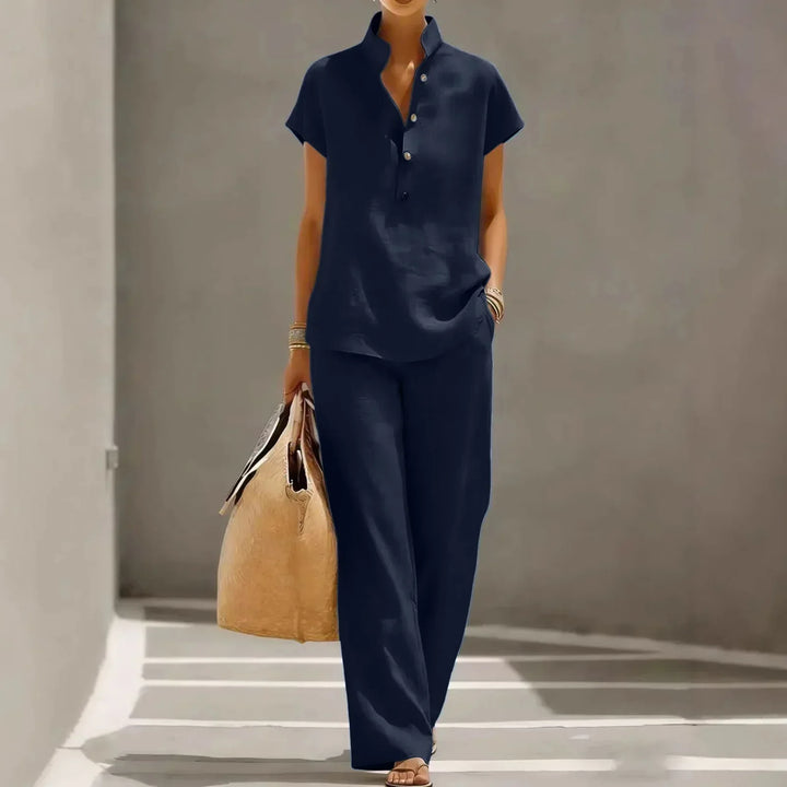 Women's effortless wide-leg pant set with button top, perfect for summer comfort and casual wear.