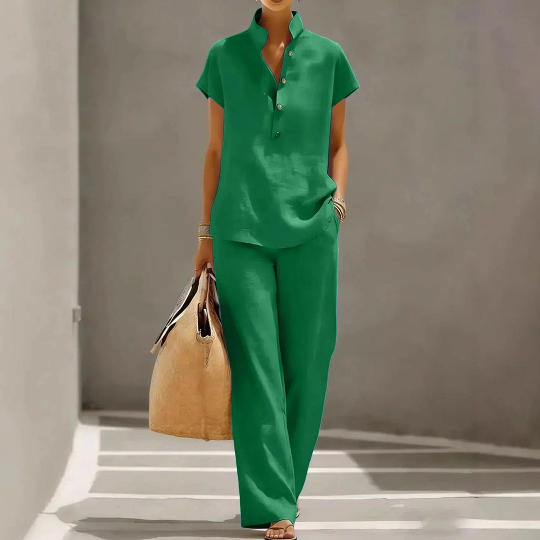 Stylish women's wide-leg pant coordinates, a lightweight two-piece outfit with a button top for summer.