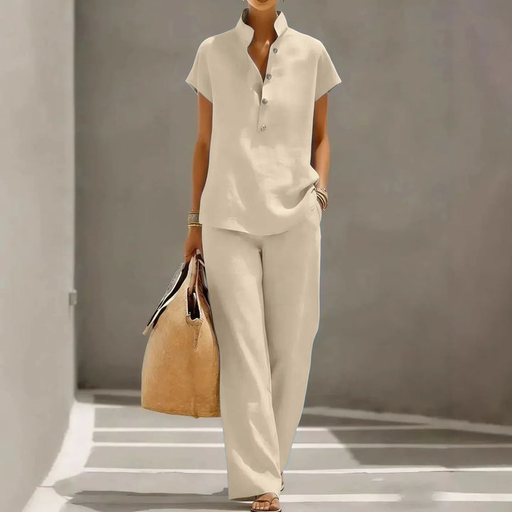Effortless women's wide-leg pants set. A comfortable, casual summer fashion choice for vacation and daily wear.