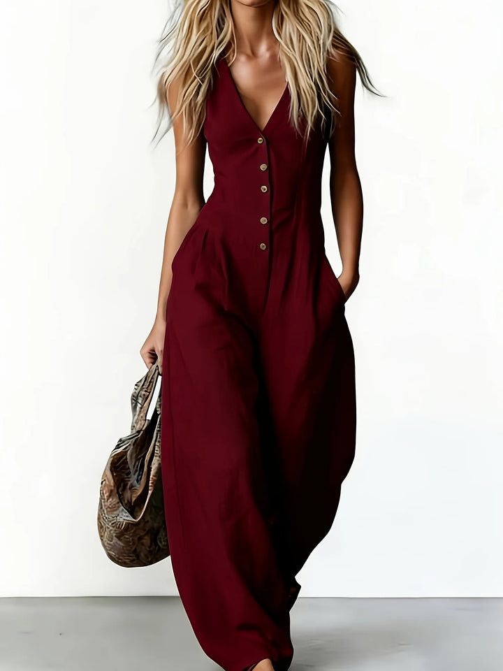 Stylish women's wide leg summer jumpsuit, ideal for vacation, beachwear & relaxed casual outfits. Features comfy fit.