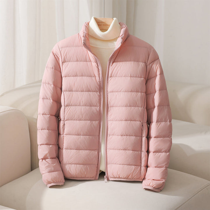 Beige Elara women's quilted puffer jacket, ideal for lightweight warmth & stylish winter wear.