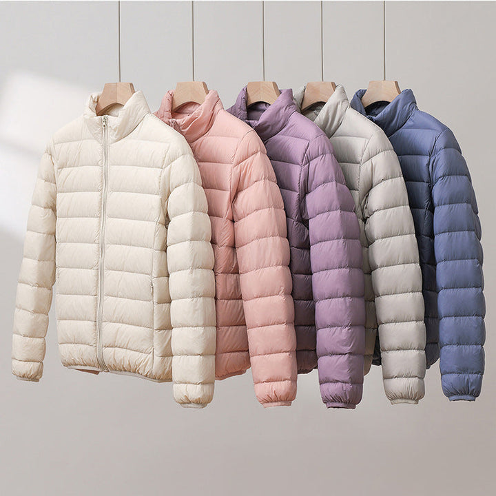 Gray women's Elara quilted puffer jacket, comfortable lightweight warmth for everyday winter style.