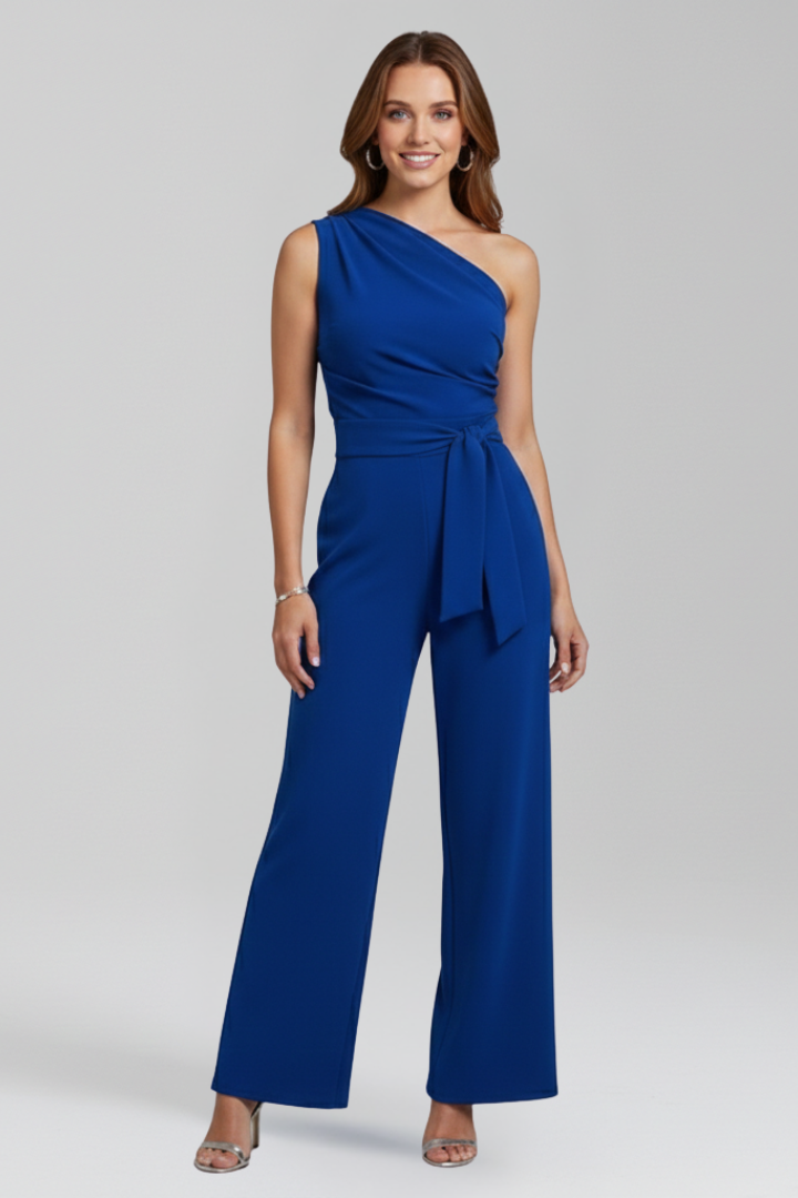 Sophisticated women's asymmetric neckline jumpsuit with a fluid wide leg and an adjustable waist belt.