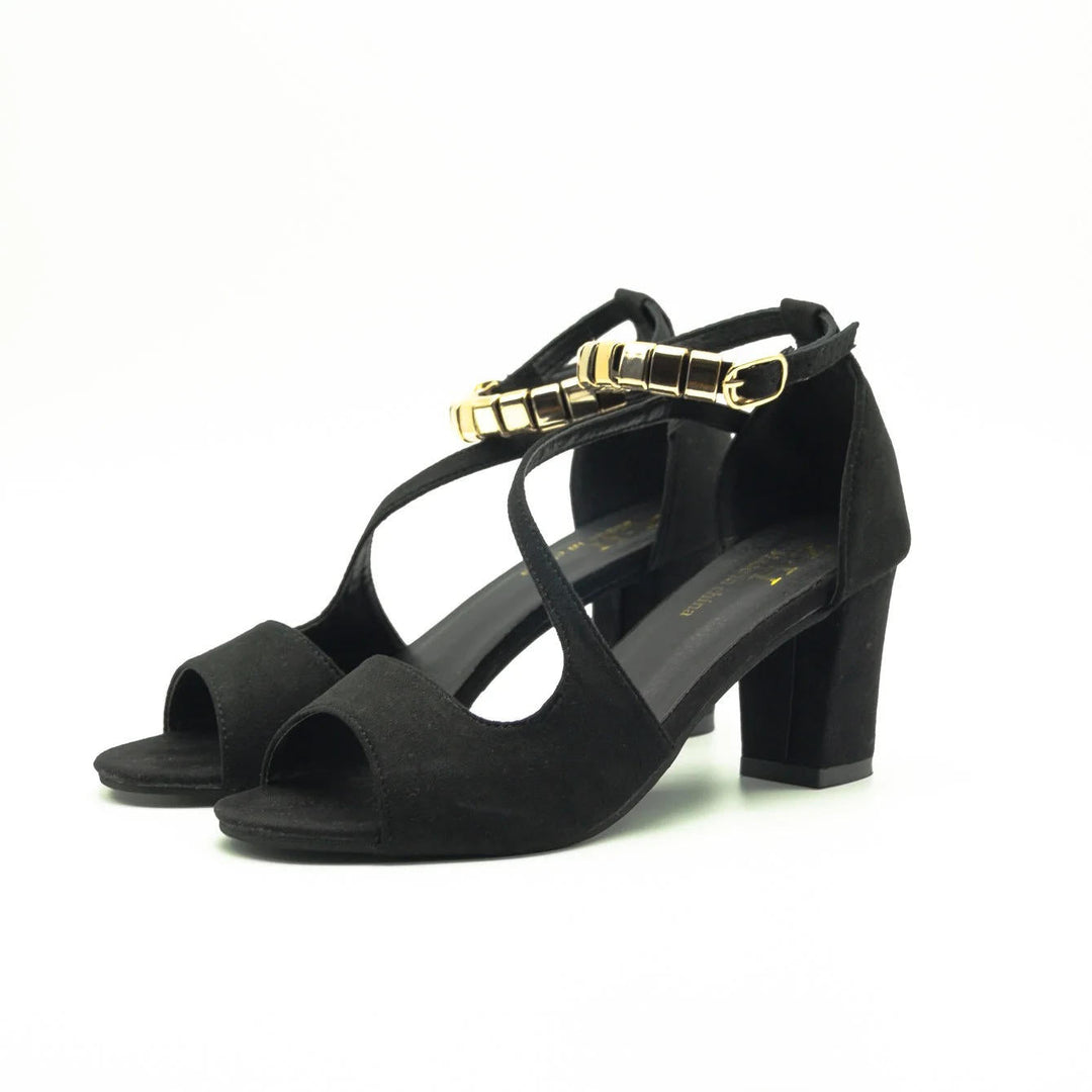 Front view: Women's elegant open toe block heel sandals with a gracefully beaded ankle strap.