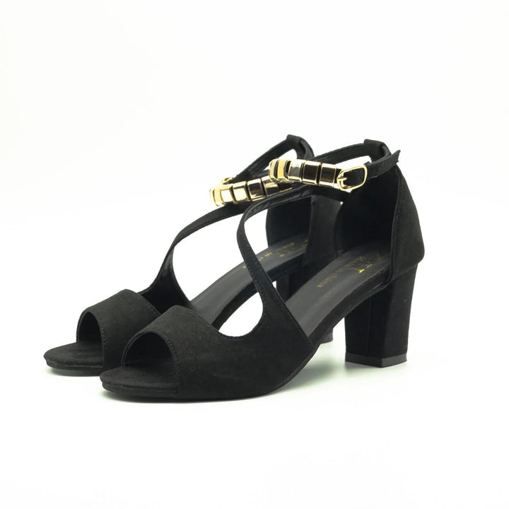 Front view: Women's elegant open toe block heel sandals with a gracefully beaded ankle strap.