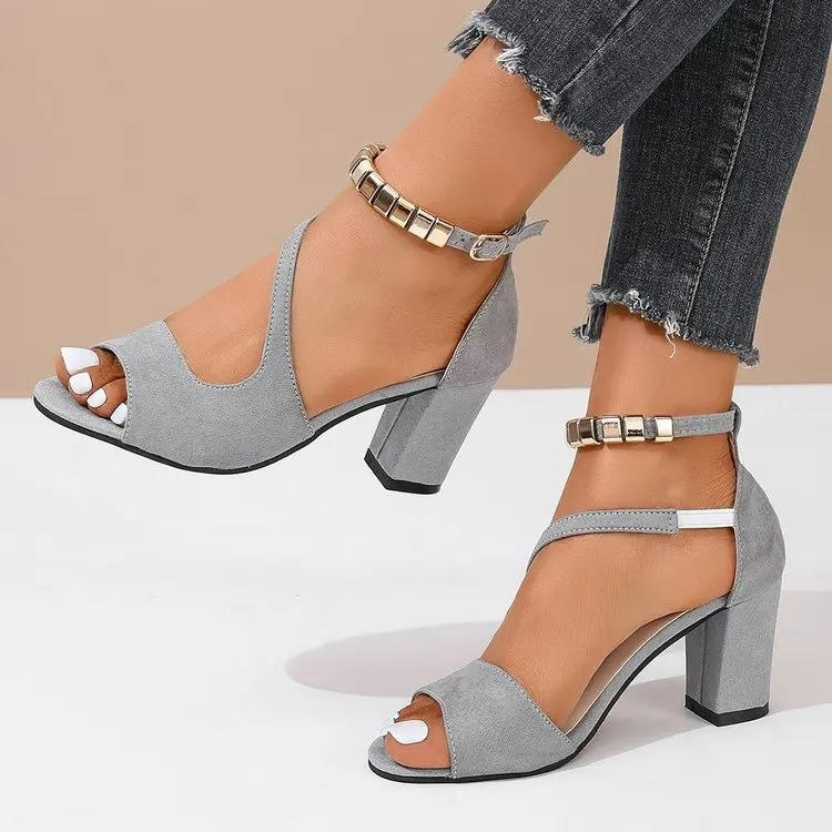 Stable block heel women's sandals, open toe design, with a beautiful and comfortable beaded ankle strap.