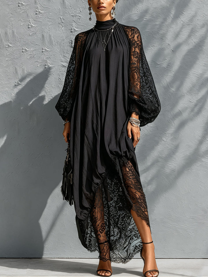 Women's elegant black maxi dress with lace balloon sleeves, high neck. Perfect for formal evening wear.