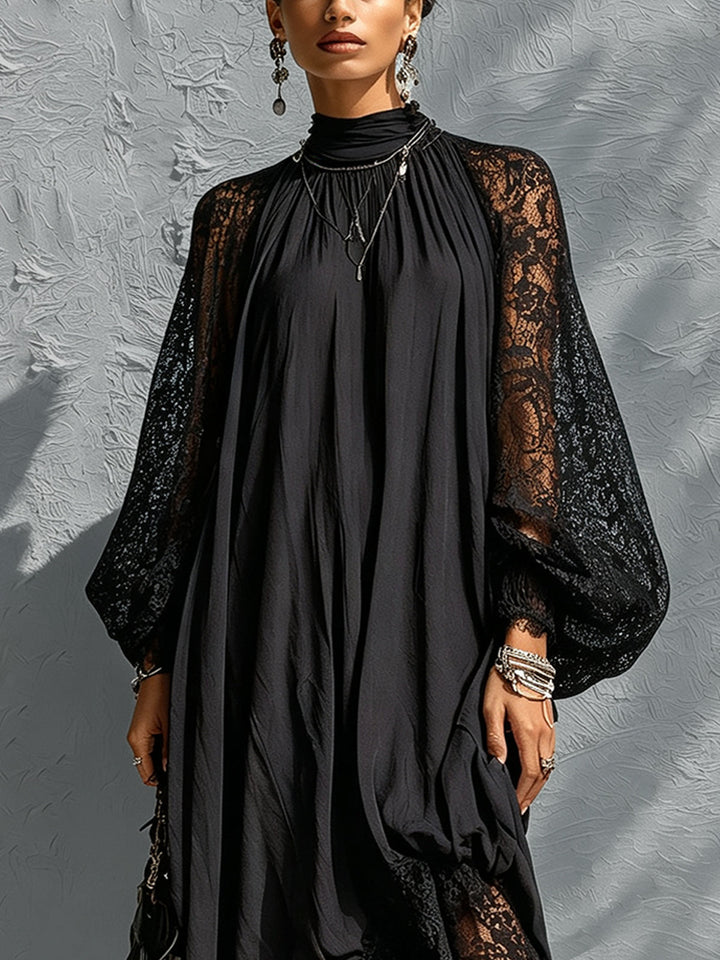 Elegant black maxi dress for women with intricate lace balloon sleeves & high neck, designed for formal wear.