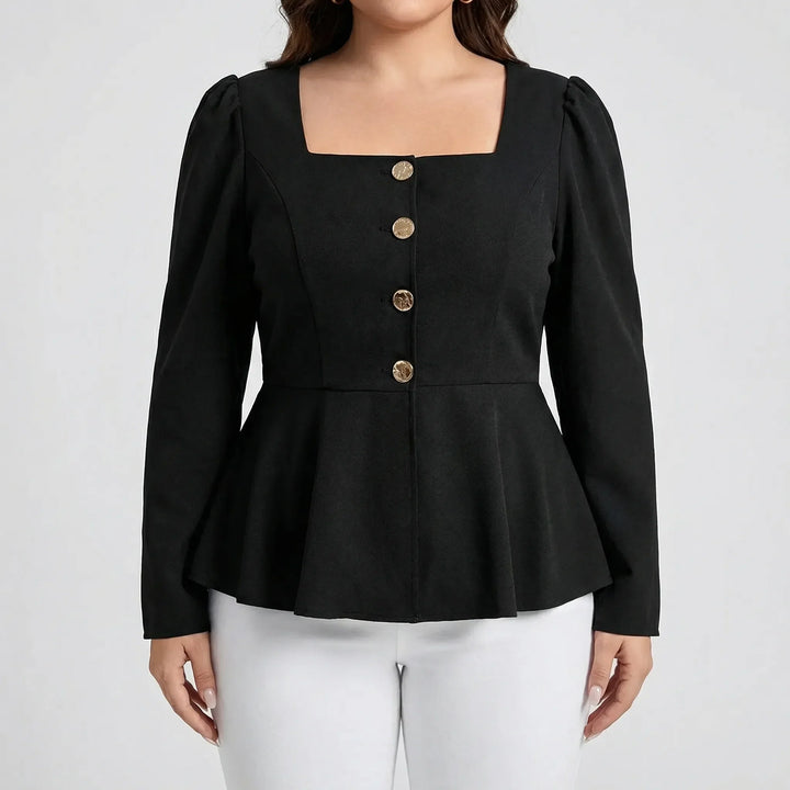 Structured women's peplum top with a flattering fit, square neckline, and long sleeves. Elegant and versatile blouse.