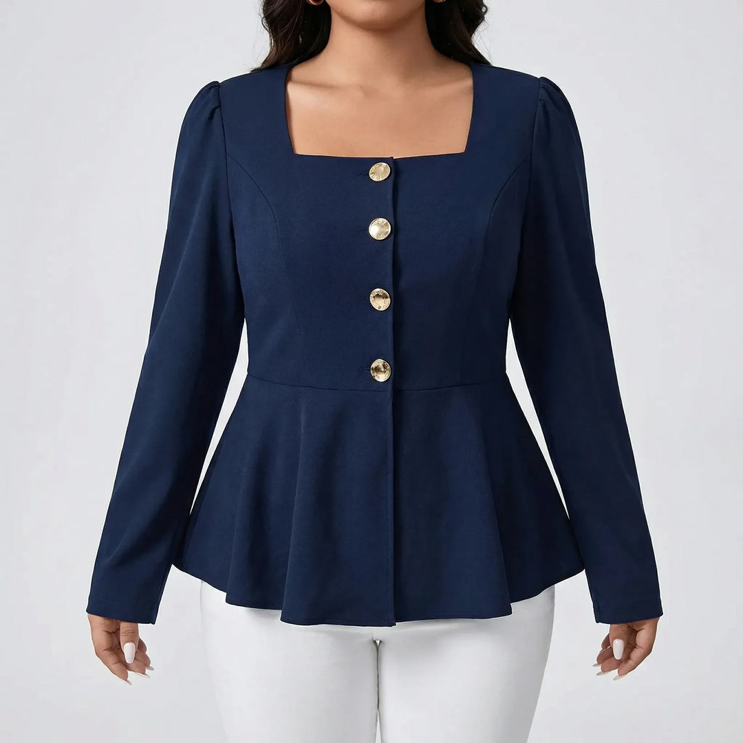 Elegant women's peplum top with a distinctive square neckline, long sleeves, and button details. Flattering and stylish.