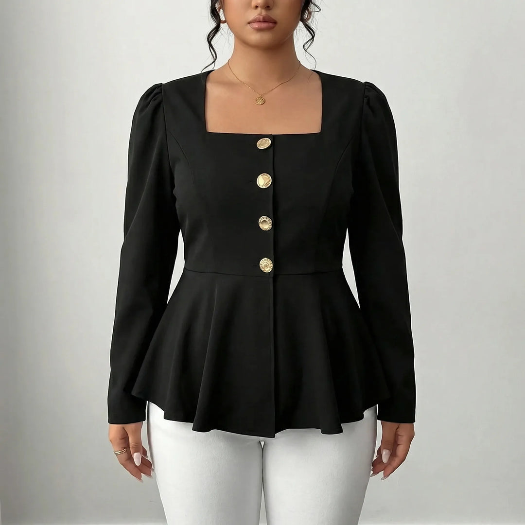 Chic women's long sleeve peplum top with a square neckline, structured design, and flattering fit. Ideal as a formal blouse.