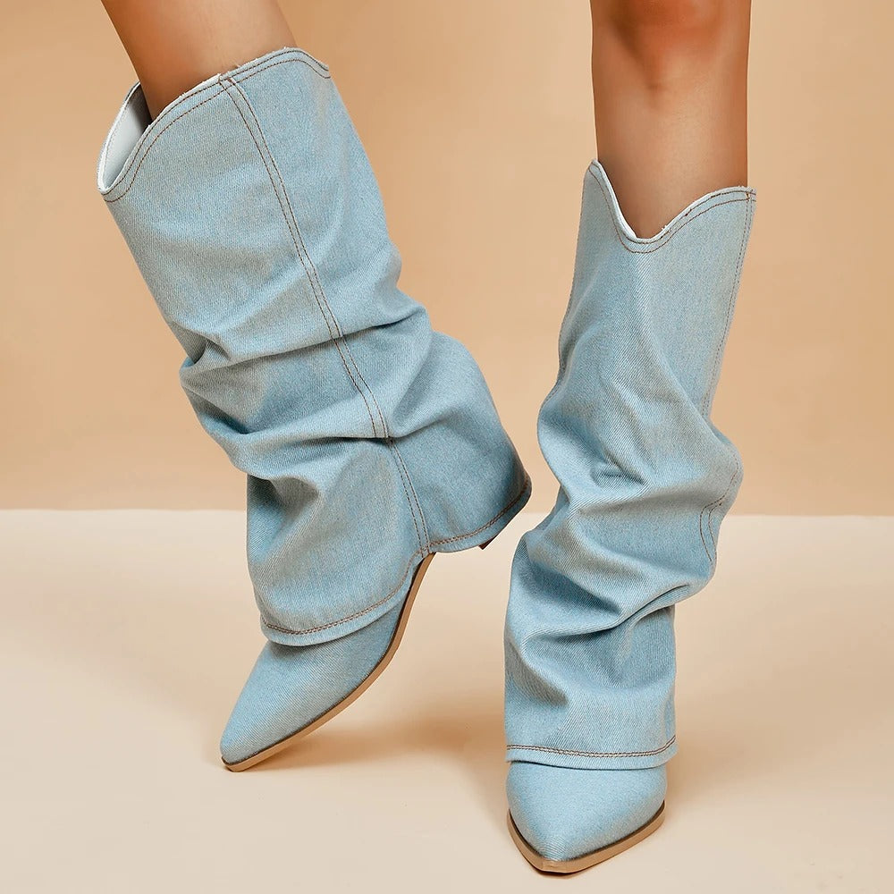 Women's elegant black pleated tall block heel boots with a chic pointed toe, perfect for fall and winter fashion.