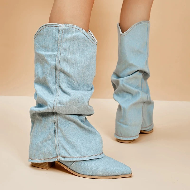Stylish women's tall block heel boots with a sleek pointed toe, designed for versatile fall and winter elegance.