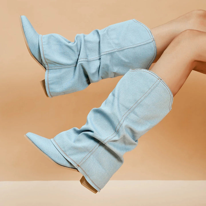 Comfortable slip-on pleated tall boots for women, featuring a pointed toe and stable block heel for everyday chic.