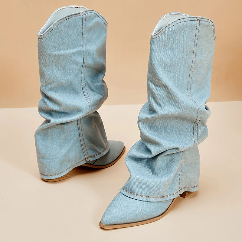 Chic women's fall & winter pleated boots with a fashionable pointed toe and supportive block heel. Elegant footwear.
