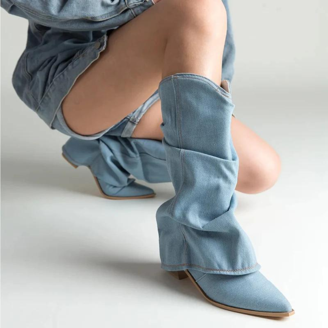 Full view of women's sophisticated pleated tall block heel boots, ideal for adding elegance to any outfit.