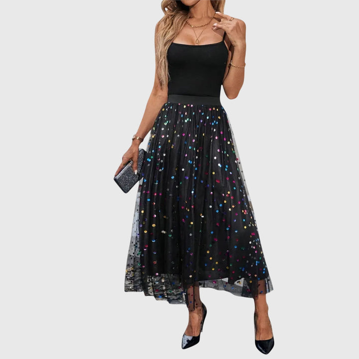 Women's elegant black sequin midi skirt with high waist and asymmetric hem, perfect for parties & evening wear.