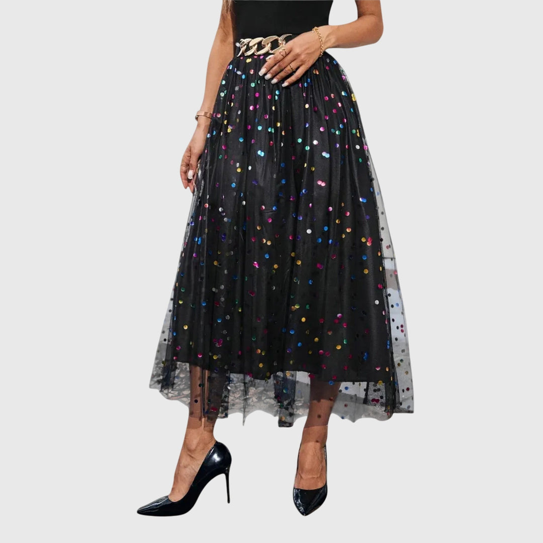 Glamorous women's high-waist sequin midi skirt with an asymmetric hem, ideal for special occasions & festive events.