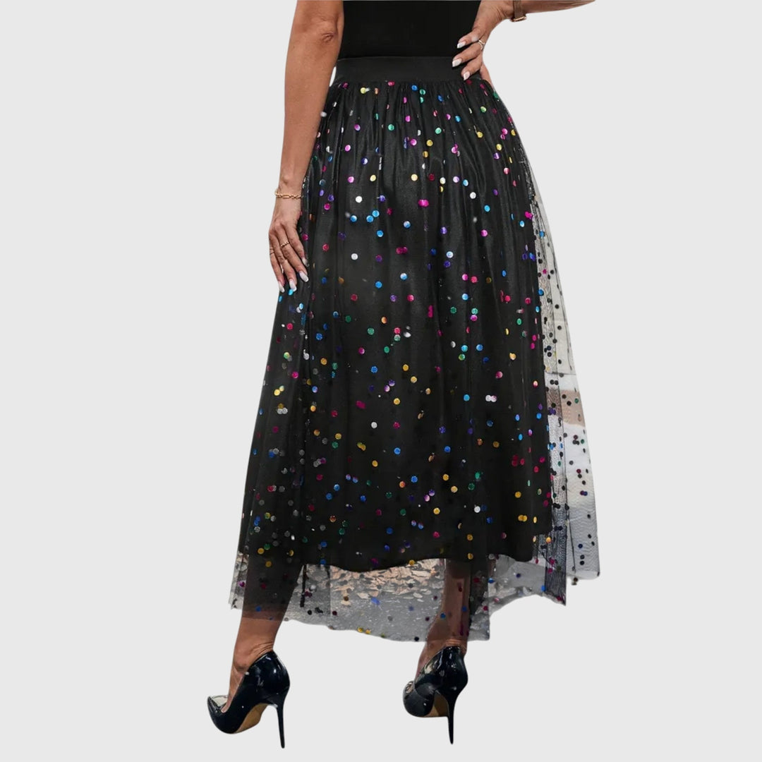 Elegant women's black sequin midi skirt featuring a high waist and stylish asymmetric hem for a sophisticated party look.