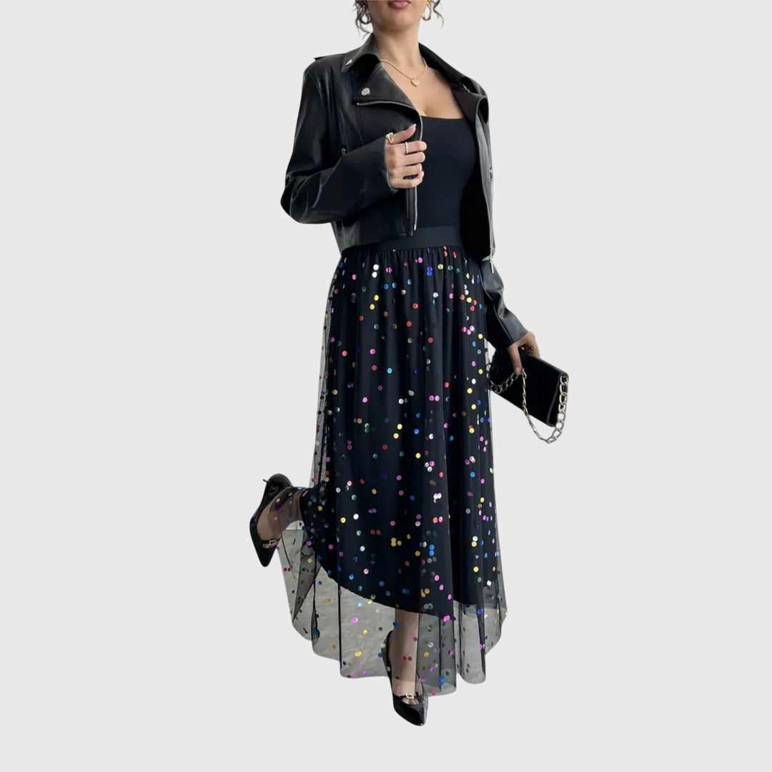 Shimmering women's high-waist sequin midi skirt with an asymmetric cut, perfect for evening wear or festive parties.