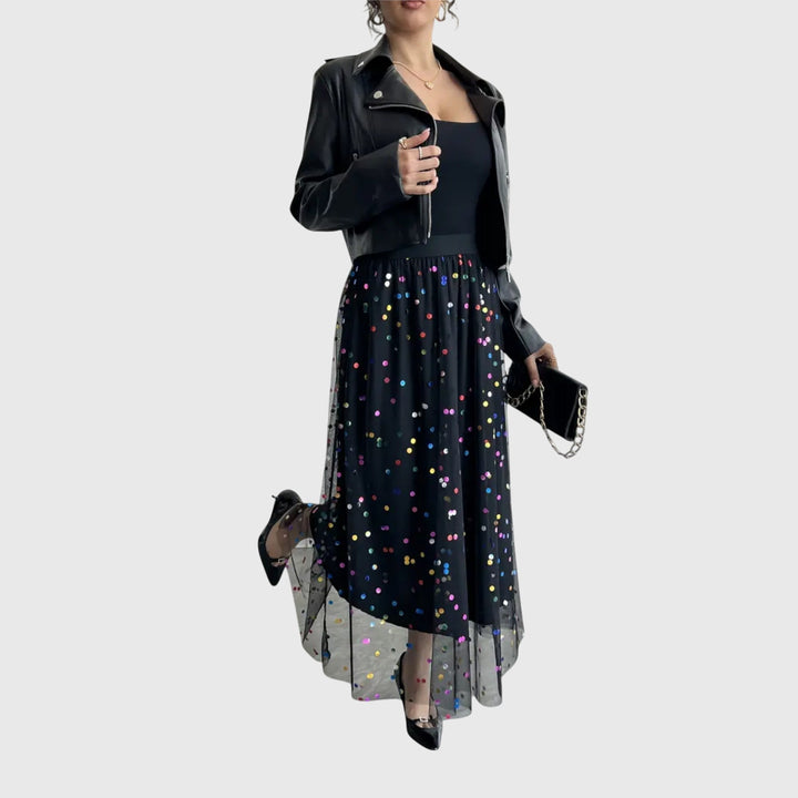 Shimmering women's high-waist sequin midi skirt with an asymmetric cut, perfect for evening wear or festive parties.
